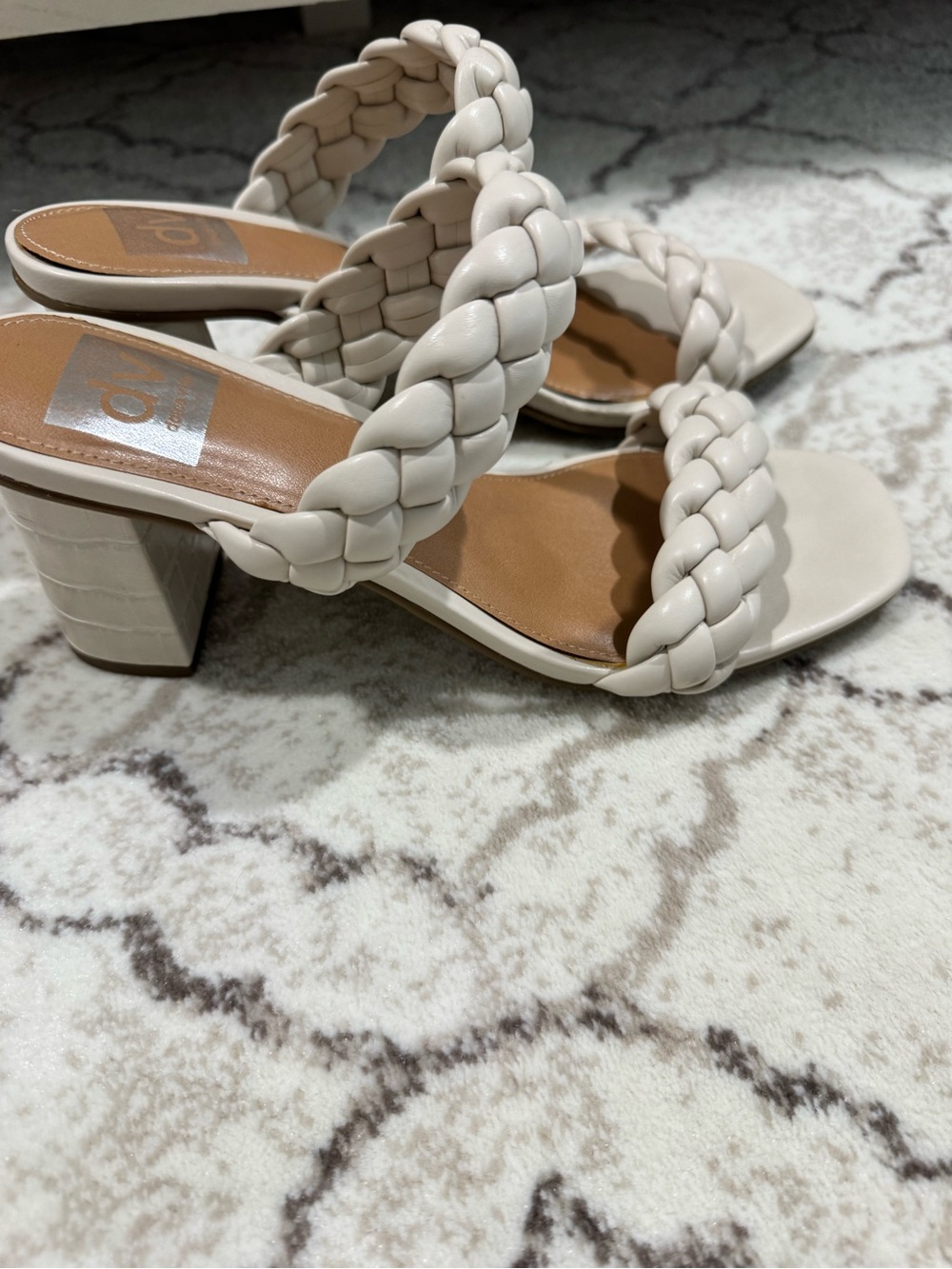 Braided Strap Square-Toe Heeled Sandals in Pink, Taupe, off White, Metallic. - Picture 5 of 10